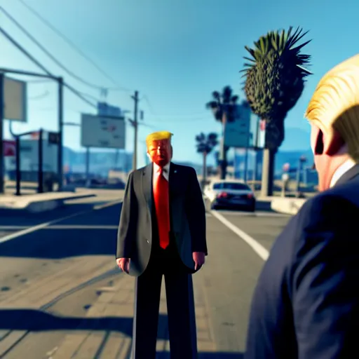 Prompt: donald trump busted in gta v, open world gameplay, isometric view, ps 5 screenshot, third person perspective, 3 d render, cryengine, highly detailed