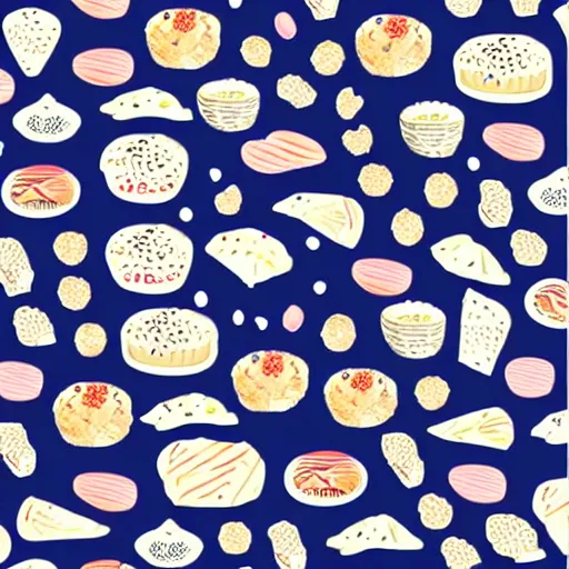 Image similar to japanese food print pattern. cute illustration. hand drawn. digital art.