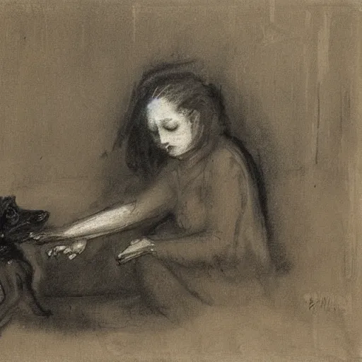 Image similar to young lady being scared by an undead dog while in the bath by alfred stevens in charcoal