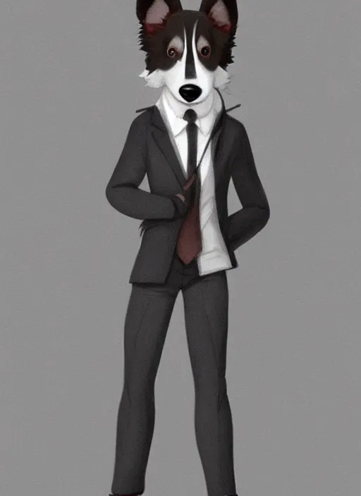 Prompt: beautiful full body character portrait of a cute anthro male anthropomorphic border collie fursona wearing a suit, highly detailed, artstation, illustration, digital painting