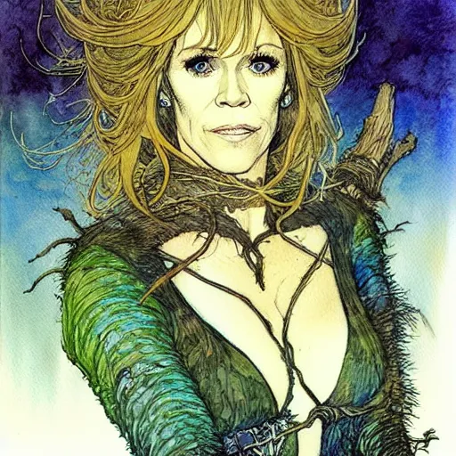 Image similar to a realistic and atmospheric watercolour fantasy character concept art portrait of jane fonda in her 2 0 s as a druidic warrior wizard looking at the camera with an intelligent gaze by rebecca guay, michael kaluta, charles vess and jean moebius giraud