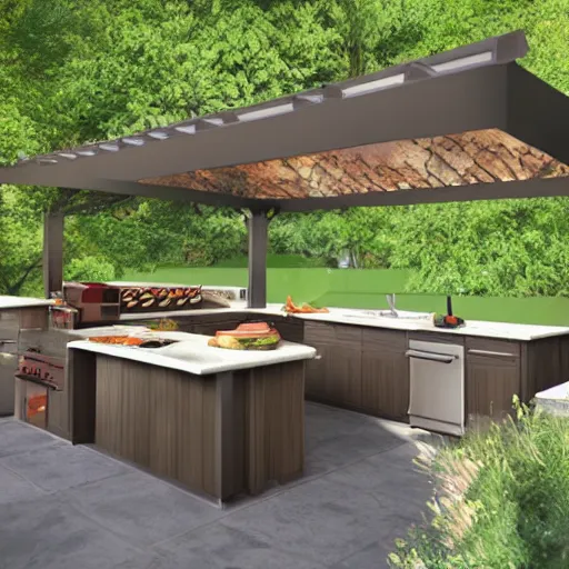 Image similar to an immaculate digital matte painting of a pacific northwest outdoor kitchen