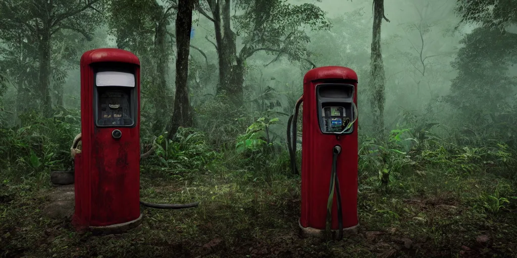 Image similar to old abandoned gas pump somewhere in the rainforest. nature is taking over. mist. cinematic. octane render.