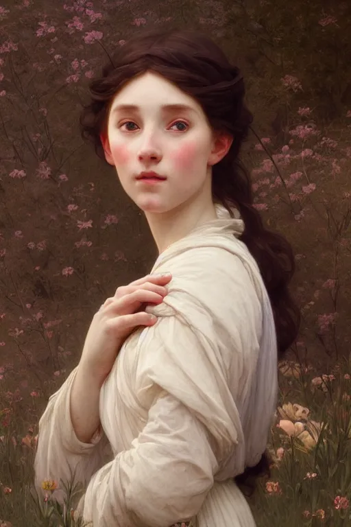 Image similar to Portrait of beautiful pale peasant girl, cinematic lighting, intricate, elegant, highly detailed, digital painting, artstation, smooth, sharp focus, illustration, art by artgerm and greg rutkowski and alphonse mucha and Wayne Barlowe and william-adolphe bouguereau