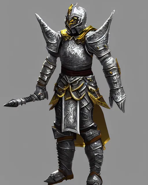 Image similar to fantasy warrior in simple armor, silver with gold trim, extremely clean, uncluttered, few thousand polygons, trending on artstation,