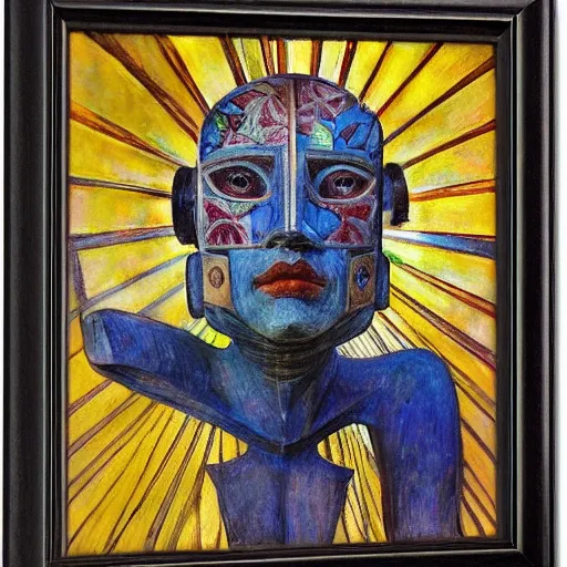 Prompt: the robot in her floral mask, by Annie Swynnerton and Diego Rivera, symbolist, dramatic lighting, elaborate geometric ornament, Art Brut ,god rays, soft cool colors,smooth, sharp focus, extremely detailed, Adolf Wölfli