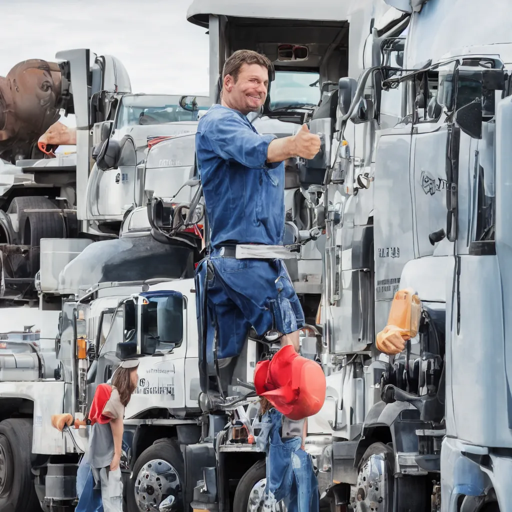 Prompt: truck driver at a truck stop giving thumbs up while pumping fuel in the background