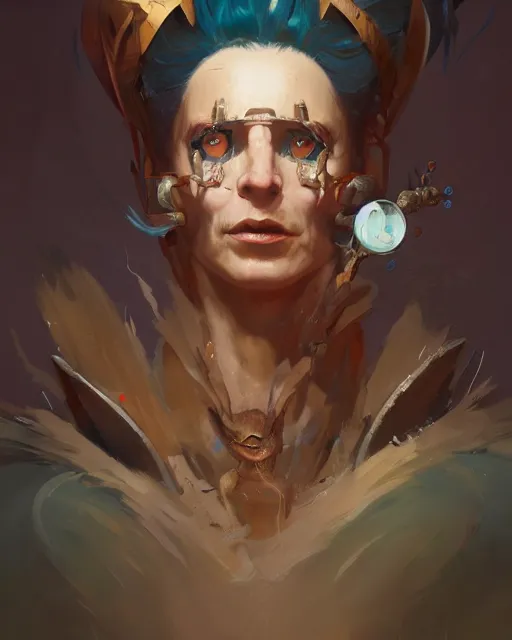 Prompt: character portrait of a trickster, by peter mohrbacher, mark brooks, jim burns, marina abramovic, wadim kashin, greg rutkowski, trending on artstation