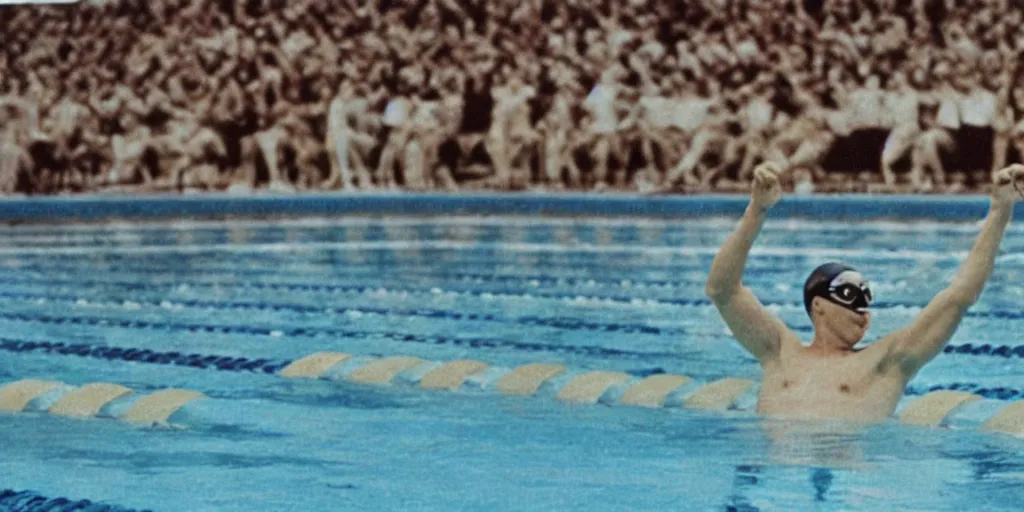 Prompt: film frame of hitler winning the olympics as a swimmer. motivational 4 k quality rule of thirds eminem in street clothes detail cinematic color grading by christopher nolan. sunglasses