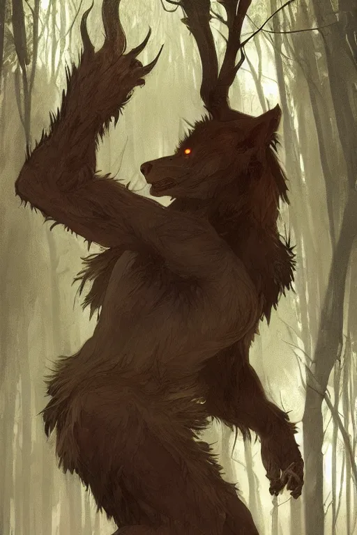 Prompt: fullbody portrait of a male werewolf, bared teeth, long claws, by greg rutkowski and alphonse mucha, gradient brown to silver, in front of a forest at night background, highly detailed, digital painting, artstation, concept art, smooth, sharp focus illustration