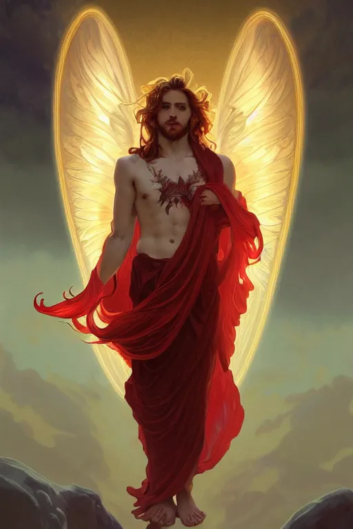 Image similar to symmetrical fullbody portrait of a beautiful young fit male angel with curly blond hairs, fulldressed in long fluent red clothes, majestic big demon wings, luminous fire halo, by greg rutkowski and alphonse mucha, gradient white to gold, in front of an hellish landscape background, highly detailed portrait, digital painting, artstation, concept art, smooth, sharp focus illustration