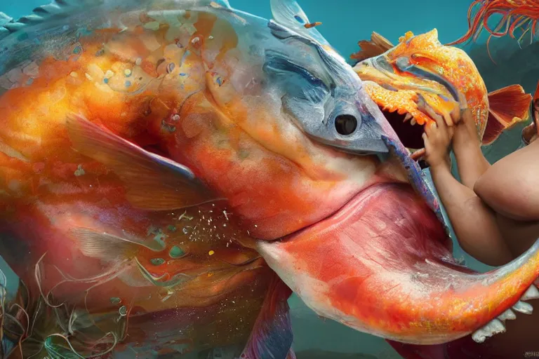 Prompt: of a very beautiful scene. ambient occlusion render. a sweet fat old woman is giving a birth to a huge colorful fish. hyper realistic. 4 k. wide angle. wild happiness. symmetrical face, red mouth, blue eyes. deep focus, lovely scene. ambient occlusion render. concept art. unreal engine.