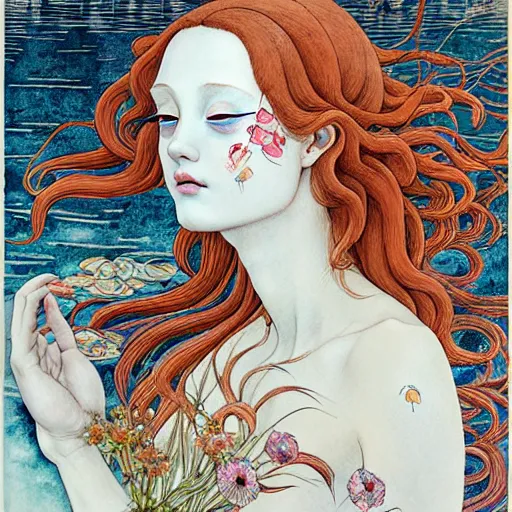 Image similar to prompt: beautiful girl in lake with light up face painted in Botticelli style drawn by Vania Zouravliov and Takato Yamamoto, nymph in the water, small flowers around and on the side, intricate oil painting, high detail, Neo-expressionism, post-modern gouache marks on the side, gnarly details soft light, white background, intricate detail, intricate ink painting detail, sharp high detail, manga and anime 2000