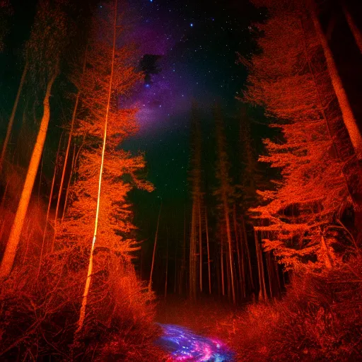 Image similar to A dark forest at night where you can see the Orion Nebula in the sky through the trees, highly detailed, gorgeous lighting, photo realistic, colorful 4k