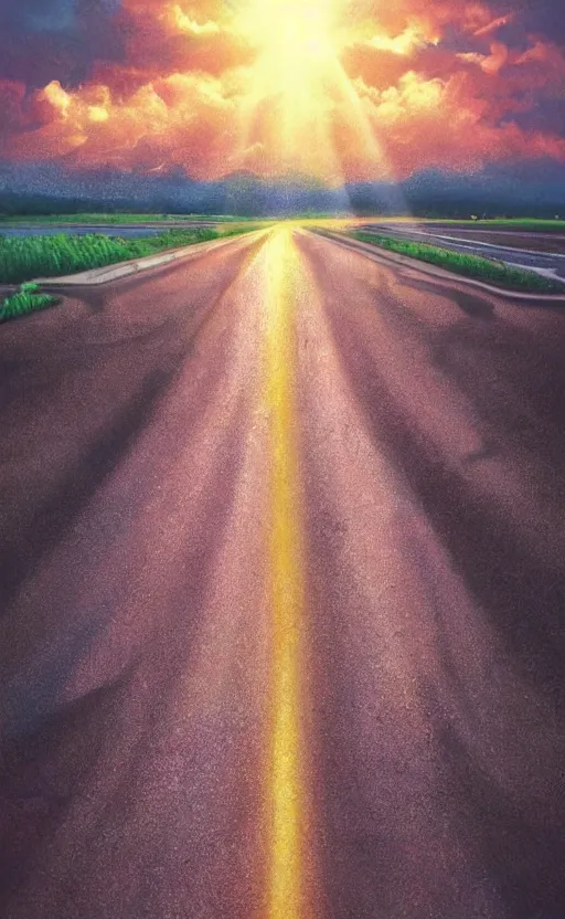 Image similar to paperback book cover. 1 9 9 0 s. pure colors, melting clouds, accurately drawn details, a sunburst above a receding road with the light reflected in furrows and ruts, after rain. photorealistic. octane render. cinematic. trending on artstation. textless.