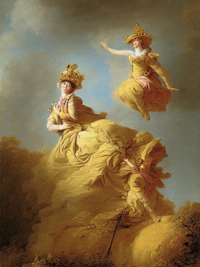 Image similar to portrait of a lonely female soldier floating in the air, wearing a crown, by jean honore fragonard