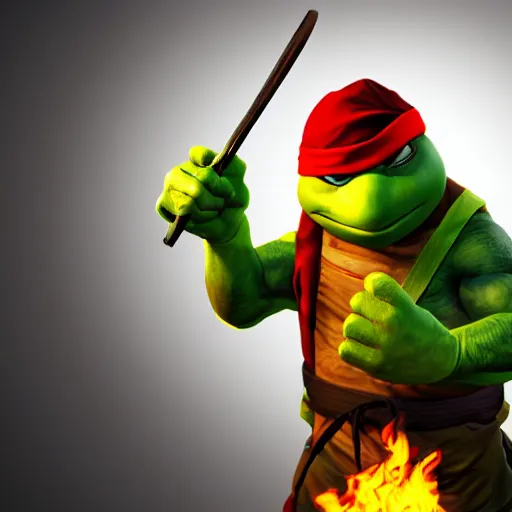 Image similar to teenage mutant ninja turtle with frying pan near kitchen stove, wearing chef hat, frying nails, volumetric lighting, realistic, photo, artstation