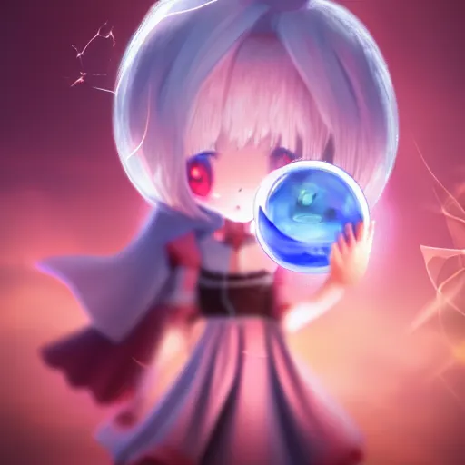 Prompt: cute fumo plush girl gazing into a crystal ball swirling with strange energy, smoke and volumetric fog, witch girl, soothsayer, lens flare glow, chibi anime, vray