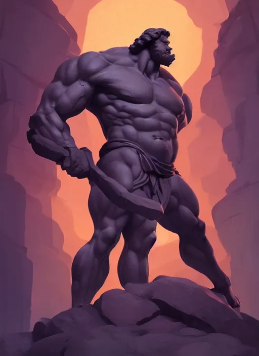 Prompt: giant stone statue of hercules in bardo, in the style of artgerm and charlie bowater and atey ghailan and mike mignola, vibrant colors and hard shadows and strong rim light, comic cover art, plain background, trending on artstation