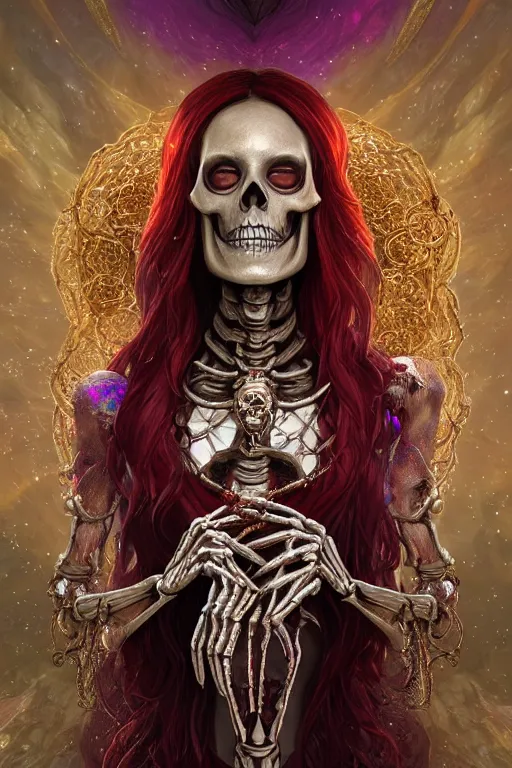 Image similar to woman lich skeleton made of iridescent aether and shiny gems covered with blood, long red hair, golden necklace, ultra realistic, concept art, intricate details, highly detailed, photorealistic, octane render, 8 k, unreal engine. dnd art by artgerm and greg rutkowski and alphonse mucha