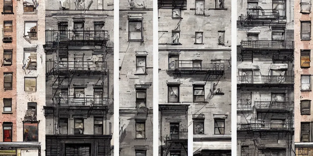 Prompt: new york city block facade. texture. doors. storefronts. no windows. street. art by greg rutkowski and william o'connor