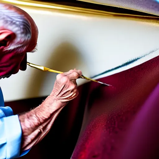 Image similar to wrinkled hunchbacked old man in musty burgundy suit, polishing painting the side of a huge gold plated mega yacht with a cloth, maintenance photo