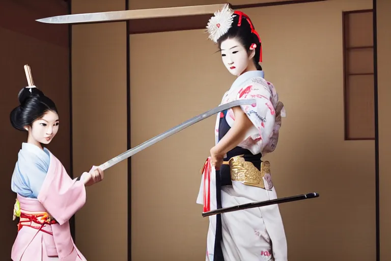 Image similar to beautiful photo of a young modern geisha samurai practising the sword in a traditional japanese temple, mid action swing, beautiful eyes, huge oversized sword, award winning photo, muted pastels, action photography, smiling into the camera, 1 / 1 2 5 shutter speed, dramatic lighting, anime set style