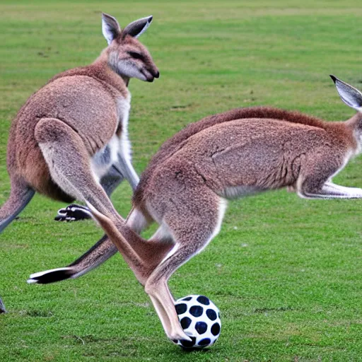 Prompt: kangaroos playing soccer