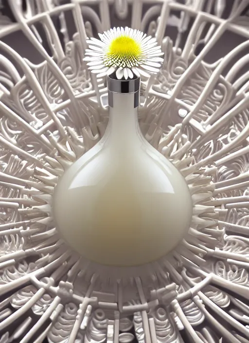 Prompt: perfume bottle standing in the center of a biomechanical white enchanted coral flat plate made of daisies in an ivory room well contoured smooth fair walls, up close shot, sharp focus, global illumination, radiant light, alexandre ferra white mecha, irakli nadar, octane highly render, 4 k, ultra hd,