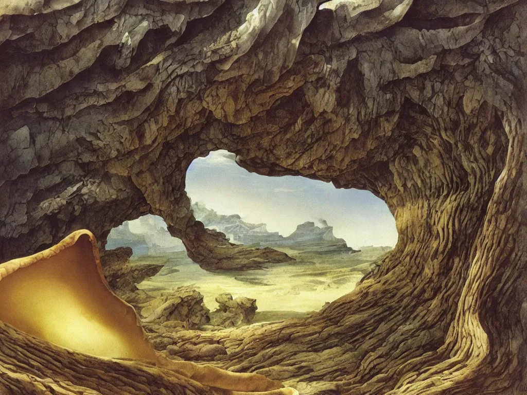 Image similar to Landscape hidden inside a conch shell. Long circular ridges, mollusk eyes. Painting by Roger Dean, Caspar David Friedrich, Walton Ford