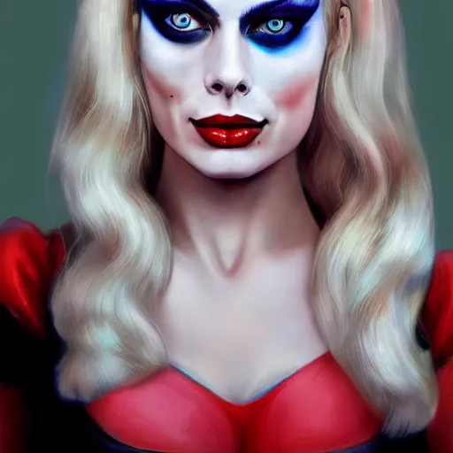 Image similar to beautiful margot robbie with harley quinn makeup, highly detailed, realistic face, amazing digital art