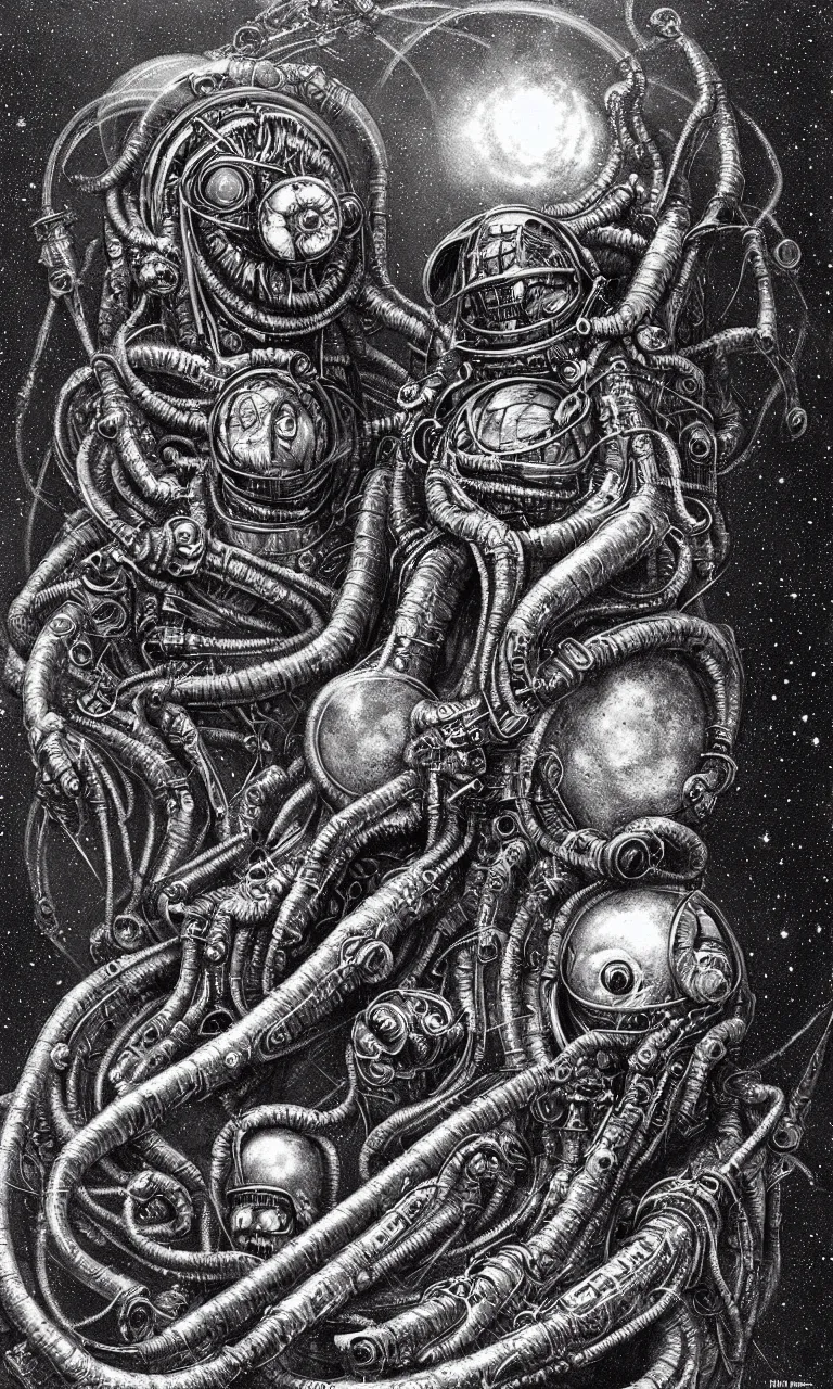 Prompt: 3D Lovecraftian and Astronaut pareidolia, cosmic horror concept, discovery concept, engineered by H.R. Giger, painter by gustave doré