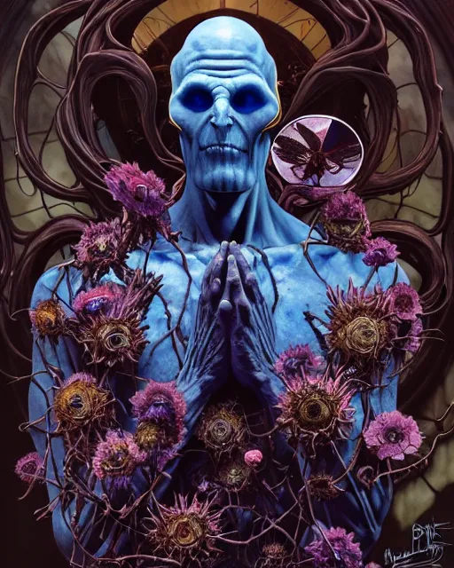 Prompt: the platonic ideal of flowers, rotting, insects and praying of cletus kasady ultimate carnage thanos dementor doctor manhattan chtulu nazgul bioshock, davinci, detailed, intricate, hyperrealism, intense, scary, decay, dmt, art by brock hofer and artgerm and greg rutkowski and alphonse mucha