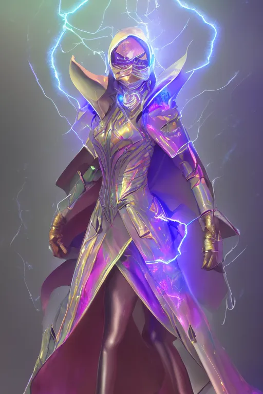 Image similar to beautiful masked mage, lightning and holograms, fantasy, magic, digital art, trending on artstation, professional illustration, ultra detailed, celshaded, burst of power, boss fight