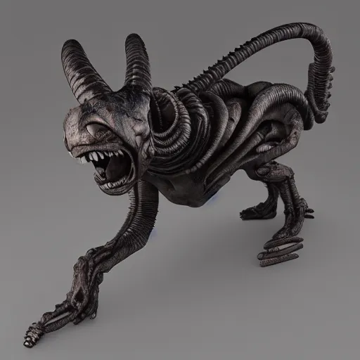 Prompt: centered photorealistic Cat xenomorph statue inspired by Giger, sinister background, octane render, unreal engine 4k, volumetric light, fog, wide shot, detailed