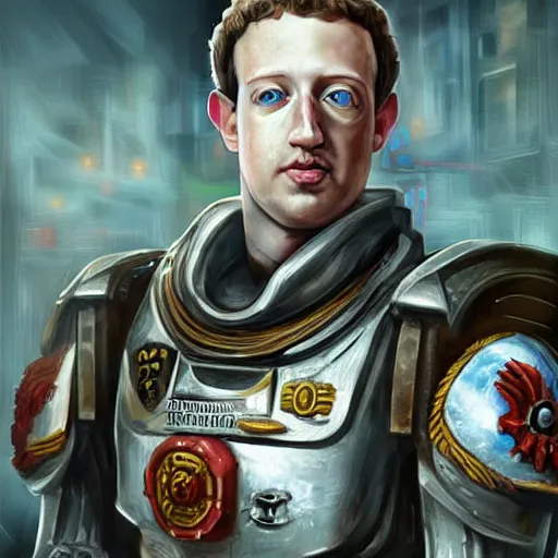 Prompt: epic game portrait, beautifully detailed, hyper realistic. mark zuckerberg as artificial intelligence in warhammer 4 0 k. by josh kirby