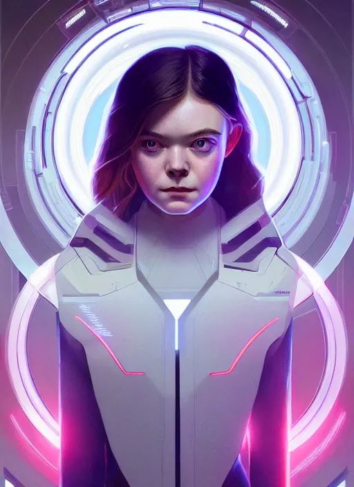 Image similar to symmetry!! portrait of elle fanning in prey, sci - fi, tech wear, glowing lights!! intricate, elegant, highly detailed, digital painting, artstation, concept art, smooth, sharp focus, illustration, art by artgerm and greg rutkowski and alphonse mucha