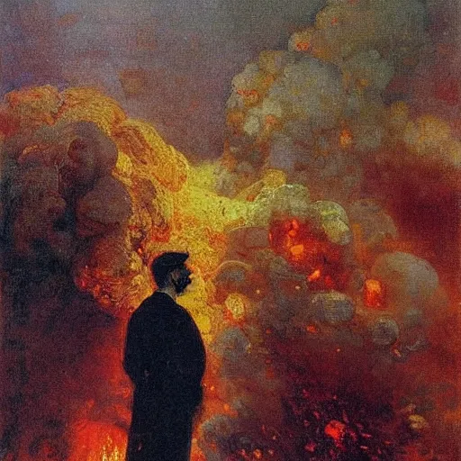 Image similar to high quality high detail painting by ilya repin, man standing in front of huge explosion, hd