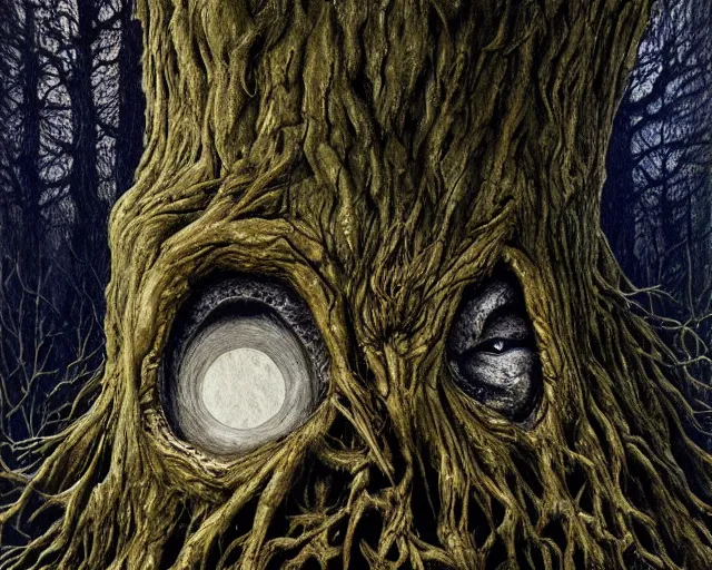 Image similar to a talking oak tree, a face in the bark, eyes in the bark, mouth in the bark, horror concept art, sharp teeth, digital painting, oil painting, hyperrealistic, treebeard, ent, undead, monster, highly detailed, moonlight, very detailed eyes, in the forest, by alan lee, by artgerm