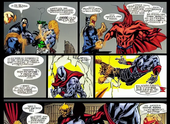 Image similar to The Creation of Adam, repainted by Todd McFarlane, in the style of Spawn and the Maxx