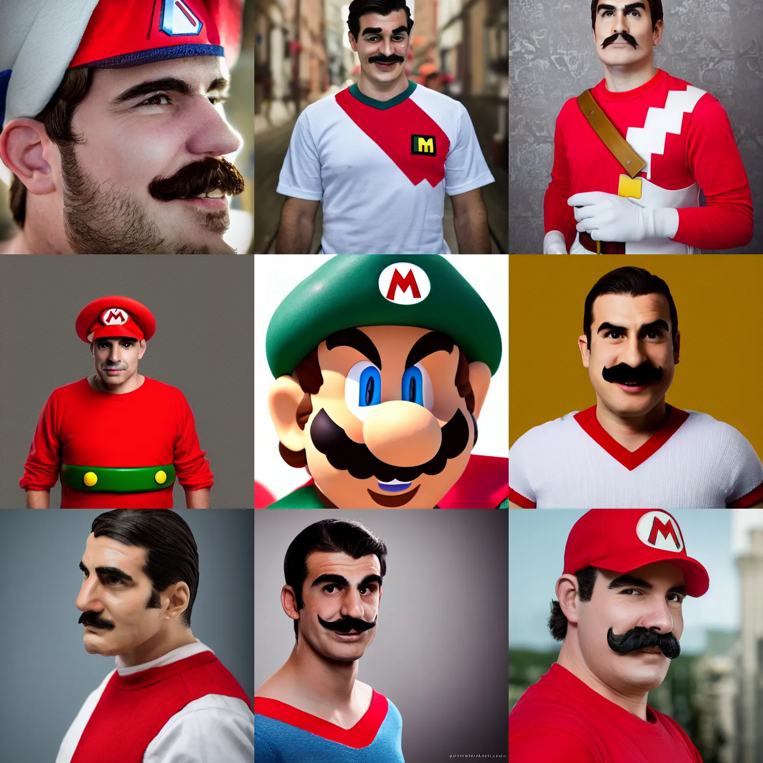 Prompt: 1 3 5 mm, photo of super - mario as a real person, traditional portrait, face neck shoulders, 8 k, f 2. 8