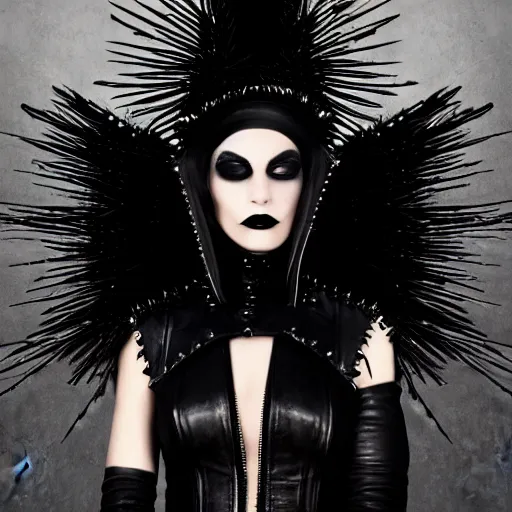 Image similar to a woman in a black leather outfit with spikes on her head, a high fashion character portrait by christen dalsgaard, featured on behance, gothic art, androgynous, genderless, gothic