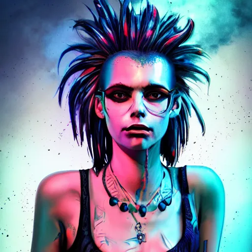 Image similar to splashes of neon clouds, mowhawk, punk women portrait made out of paint, trending on artstation, epic composition, emotional, beautiful, rendered in octane, highly detailed, realistic, tim burton comic book art, sharp focus, unreal engine