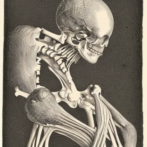 Prompt: abstract composition, bones, skin, hairs, disturbing, engraving