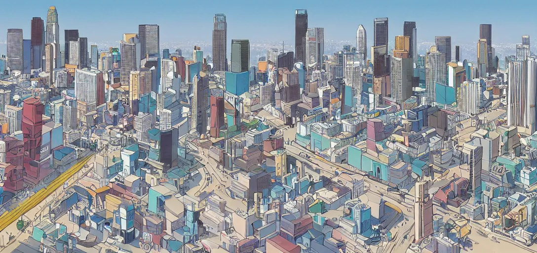 Image similar to visual development for los angeles cityscape skyline by lou romano and dice tsutsumi