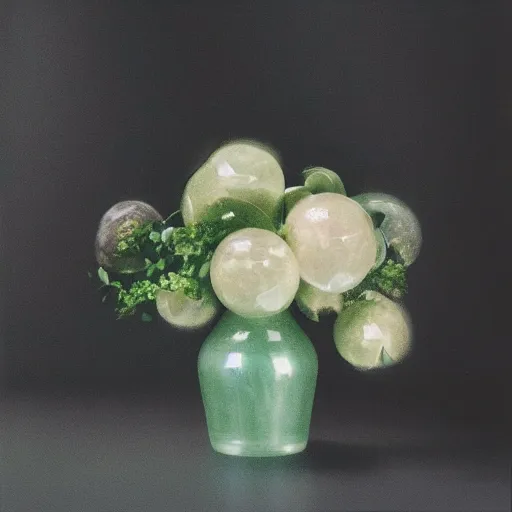 Prompt: a hybrid bouquet gemstone in a jade vase sitting in a gloomy room under a spotlight, hyperrealism, shot on film