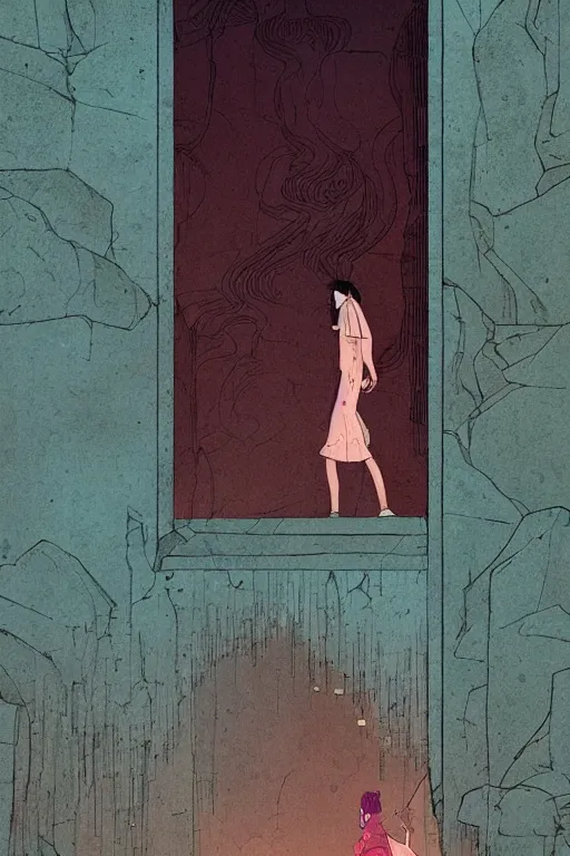 Image similar to a girl walking to a giant wooden door with archaic symbols embedded onto, cave, waterfall, digital art, very graphic illustration by pascal campion and moebius and victo ngai, colorful comics style