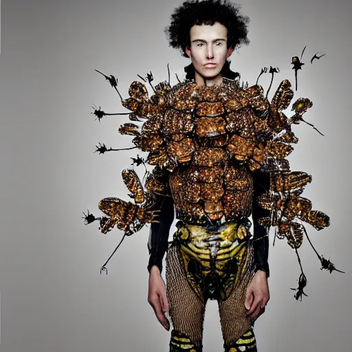Image similar to a portrait of a beautiful young male wearing an alexander mcqueen armor made of insects , photographed by andrew thomas huang, artistic