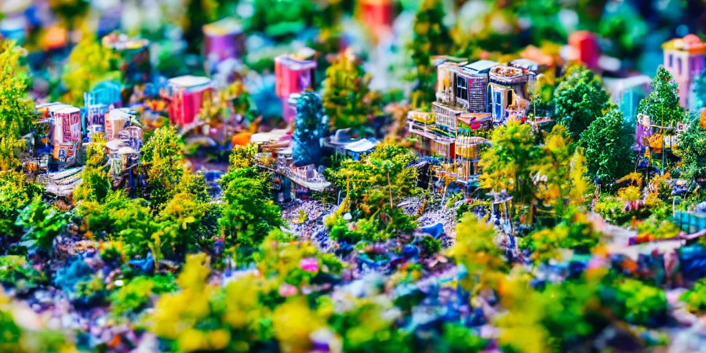 Image similar to macro photo of a miniature solarpunk city, canon 8 0 d, canon 1 0 0 mm f / 2. 8, bright sunlight, sun glints, vivid and colorful trees and plants and flowers, 4 k,