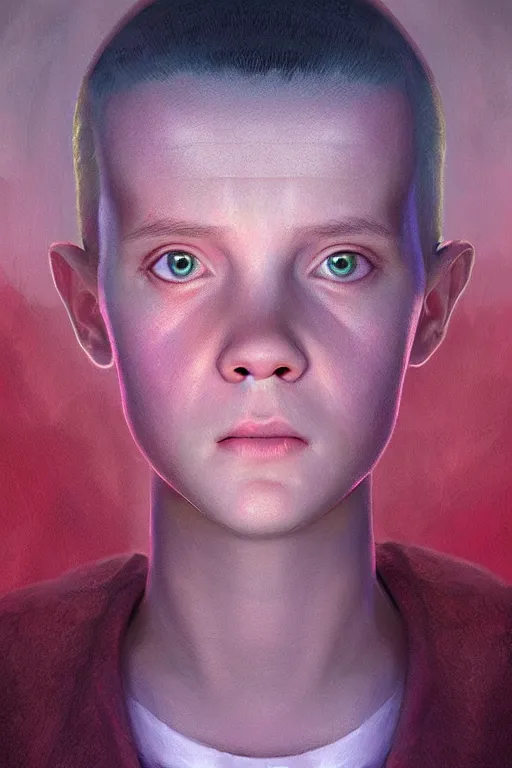 Image similar to a beautiful digital portrait painting of eleven from stranger things, by Craig Mullins. Volumetric light. Symmetry.